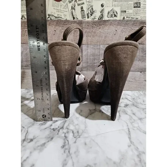 Burberry Wood Linen Leather Platform Heels 9 EU 40 - Picture 5 of 6